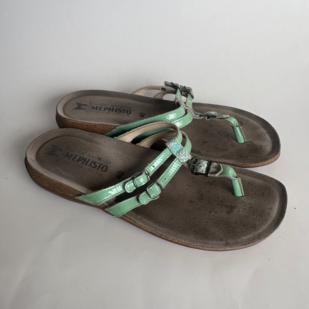 Mephisto Air-Relax Mint Green Patent Leather Cork Footbed Sandals Women 40 US 10
